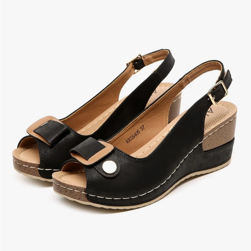 Altxic Peep Toe Slingback Platform Wedge Sandals Women’s Size 9.5-10 Black New